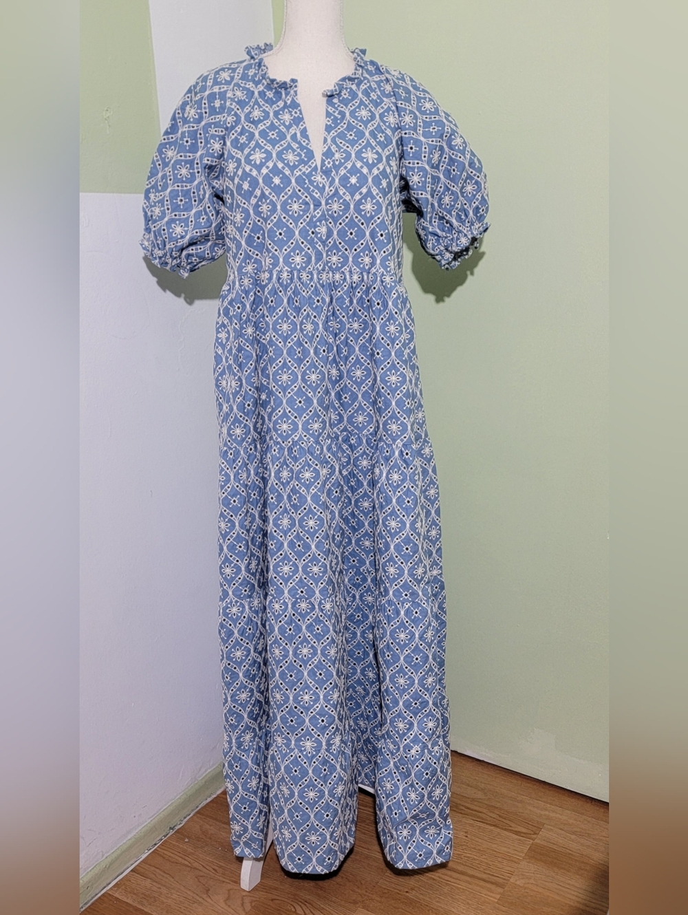 Sézane Mayla Women’s Maxi Dress Blue Embroidered Size 38-US Size 6